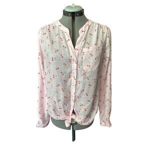 Zac & Rachel Pink Cherry Print S Button-Up Top Long Roll Tab Sleeve Lightweight